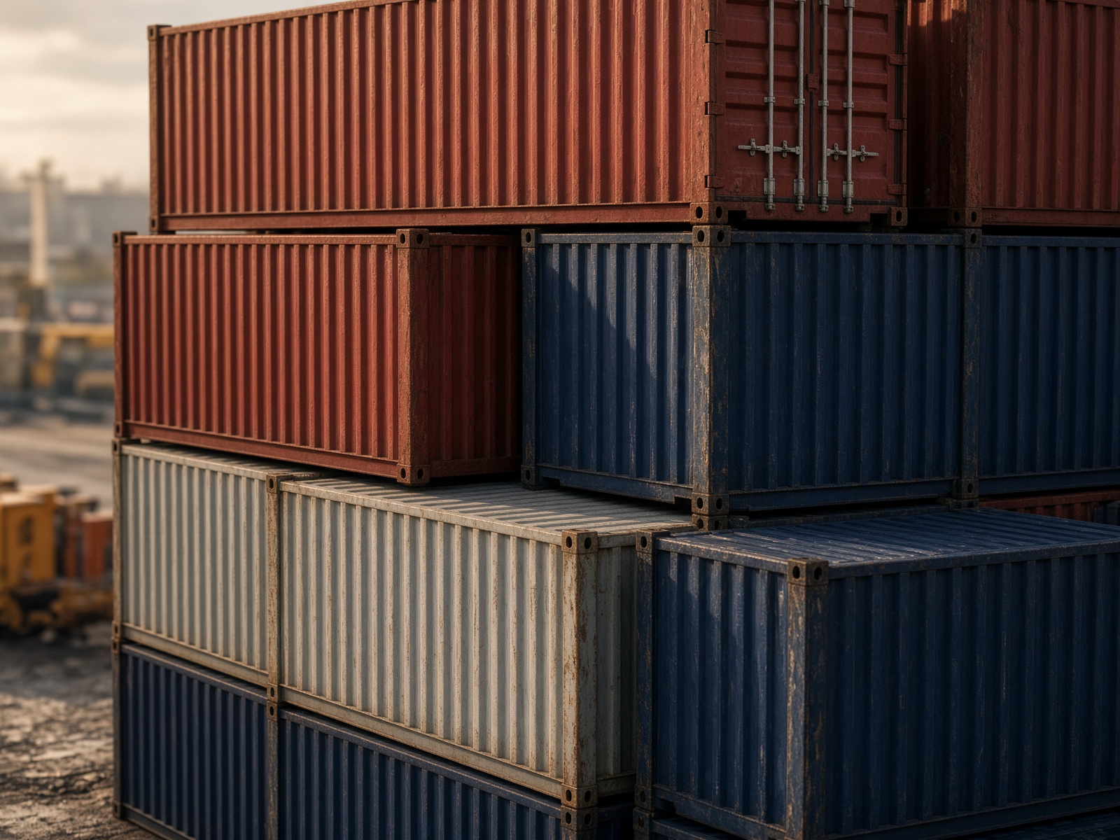 Stacked dry shipping containers in a port yard