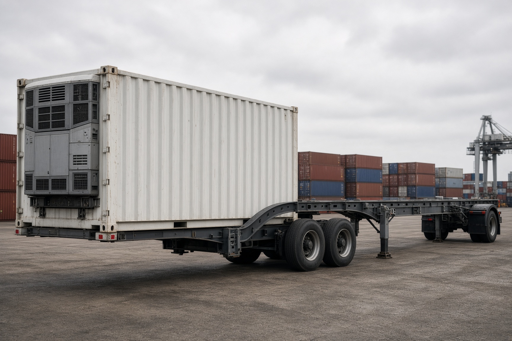 Refrigerated container and chassis in a port yard