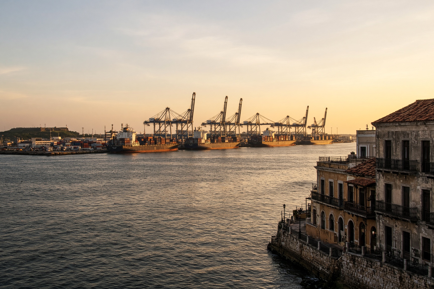 Working harbor at golden hour, cargo ships at berth