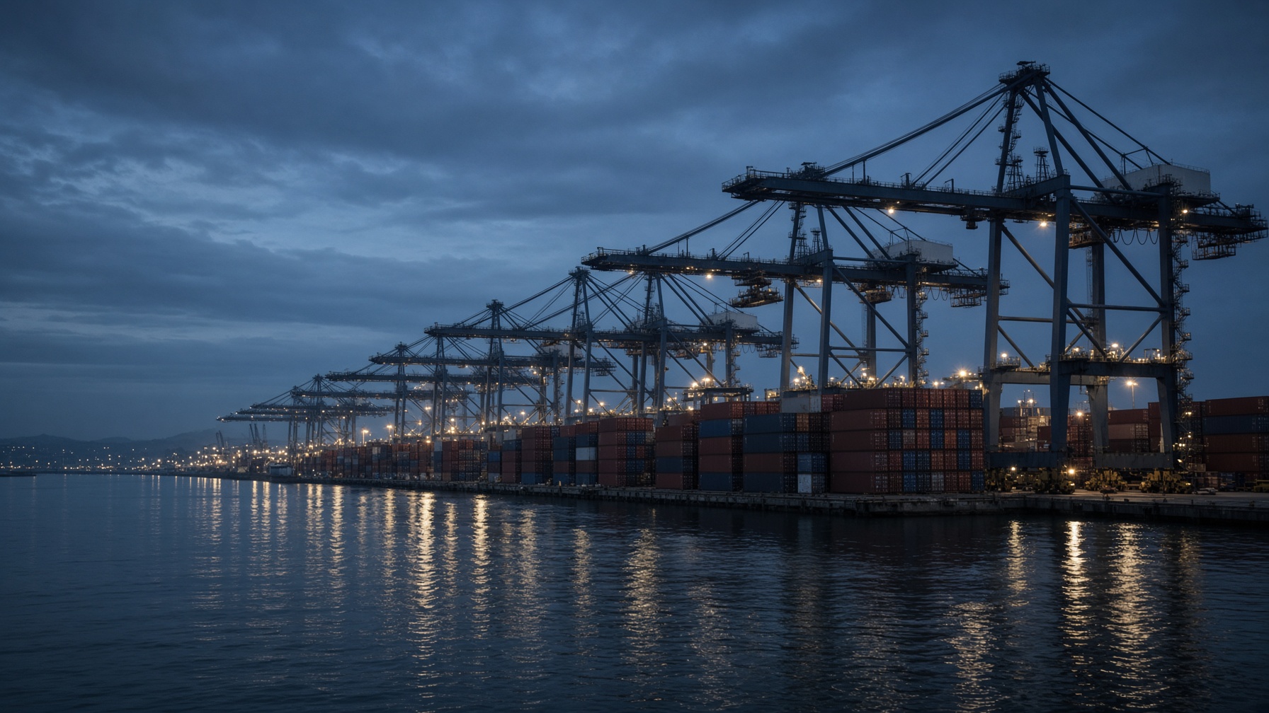 Container terminal at blue hour, gantry cranes over stacked intermodal equipment